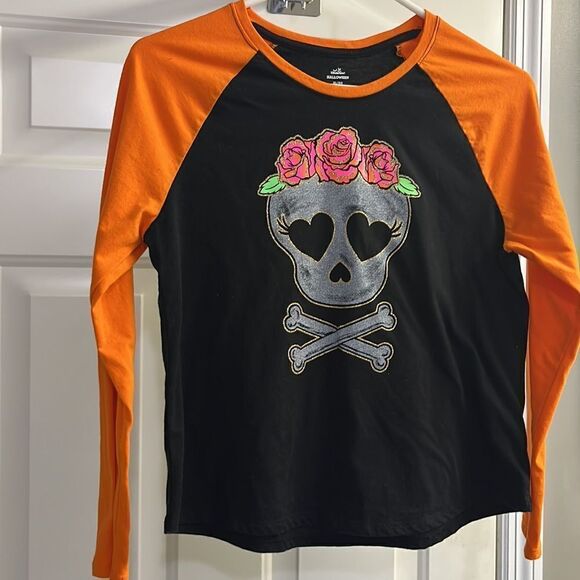 Celebrate Halloween Glitter Skull & Crossbones Baseball Shirt-XL-14/16 Plus Girl - Picture 3 of 15